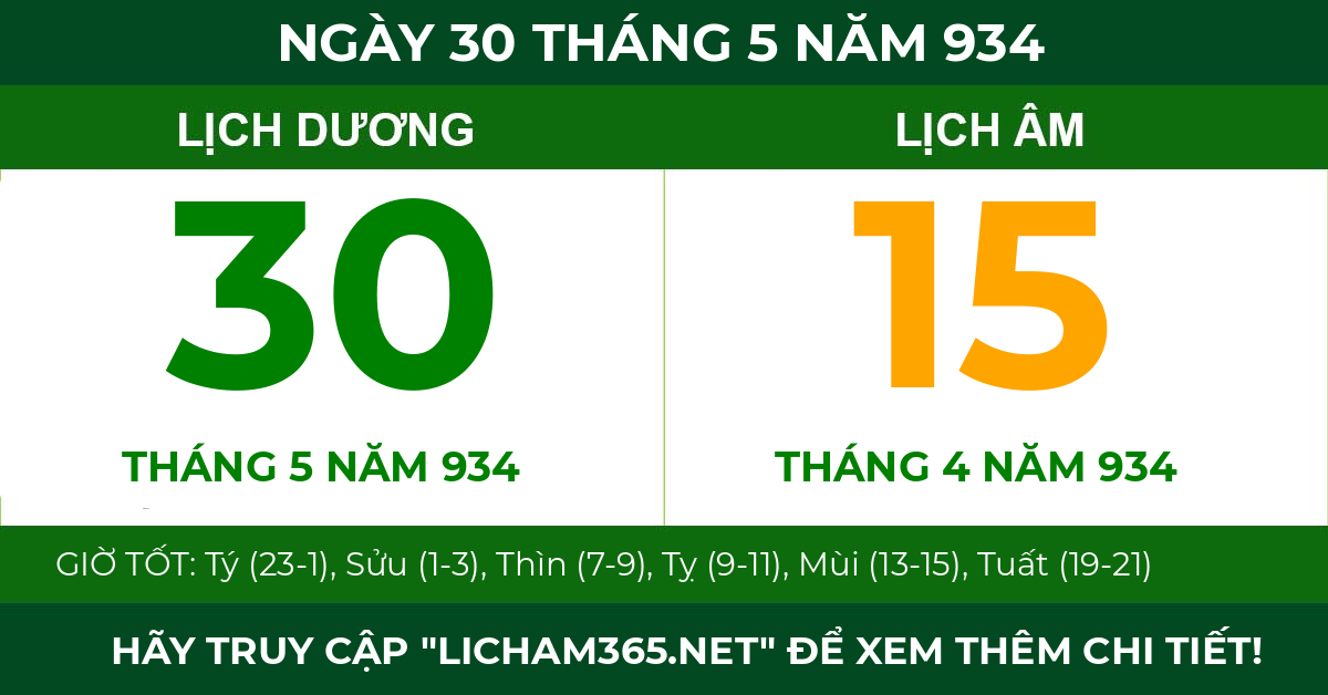 lịch âm ngày 30 tháng 5 năm 934