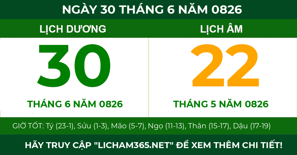 lịch âm ngày 30 tháng 6 năm 0826