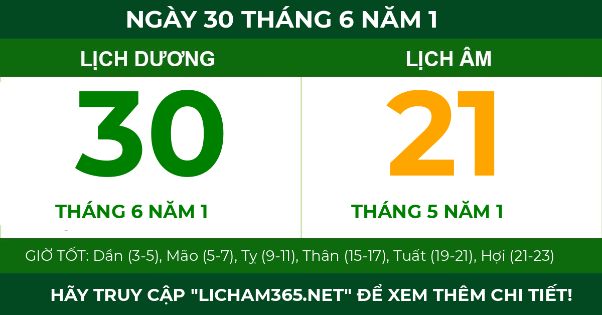 lịch âm ngày 30 tháng 6 năm 1