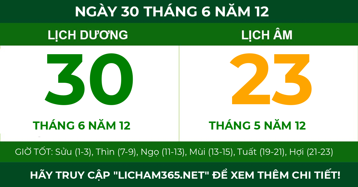 lịch âm ngày 30 tháng 6 năm 12