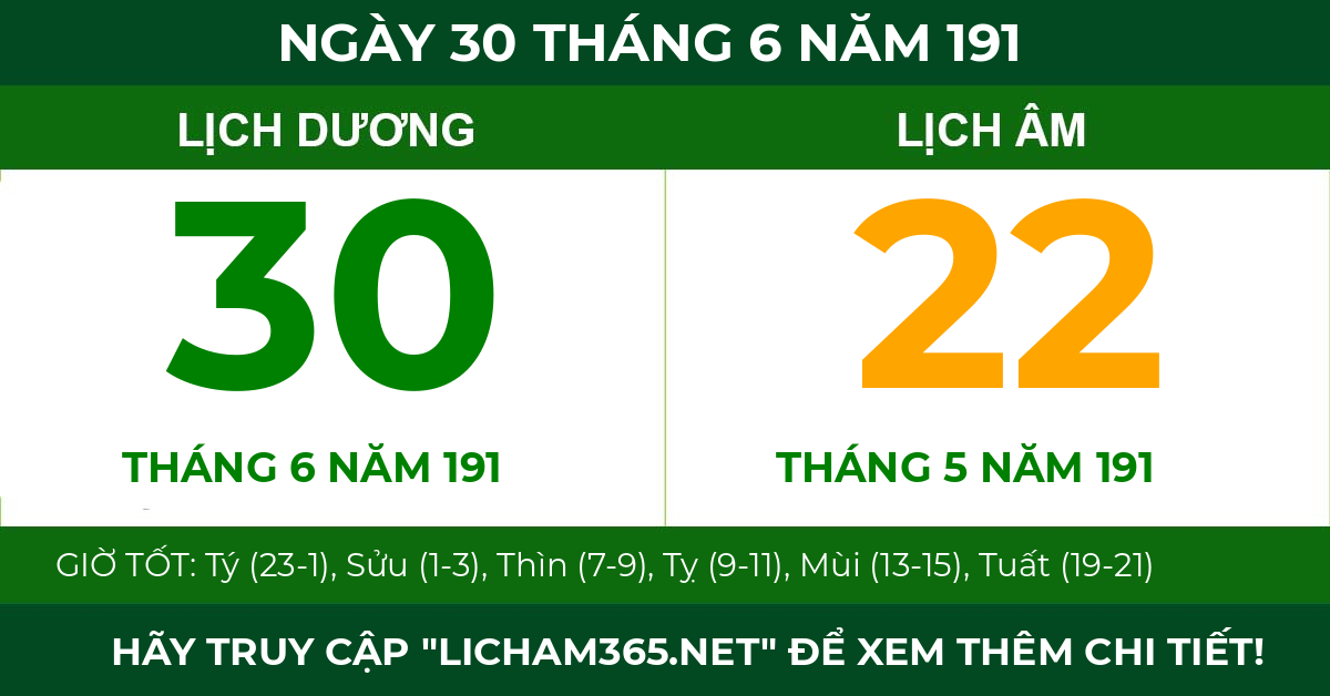 lịch âm ngày 30 tháng 6 năm 191