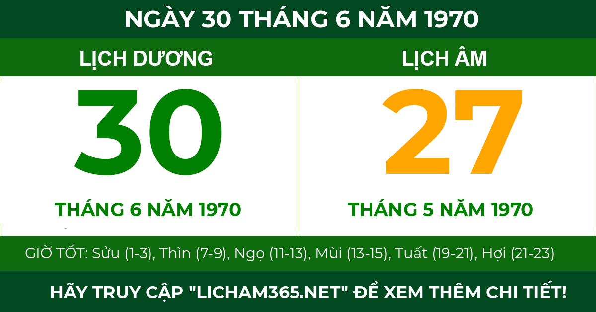 lịch âm ngày 30 tháng 6 năm 1970