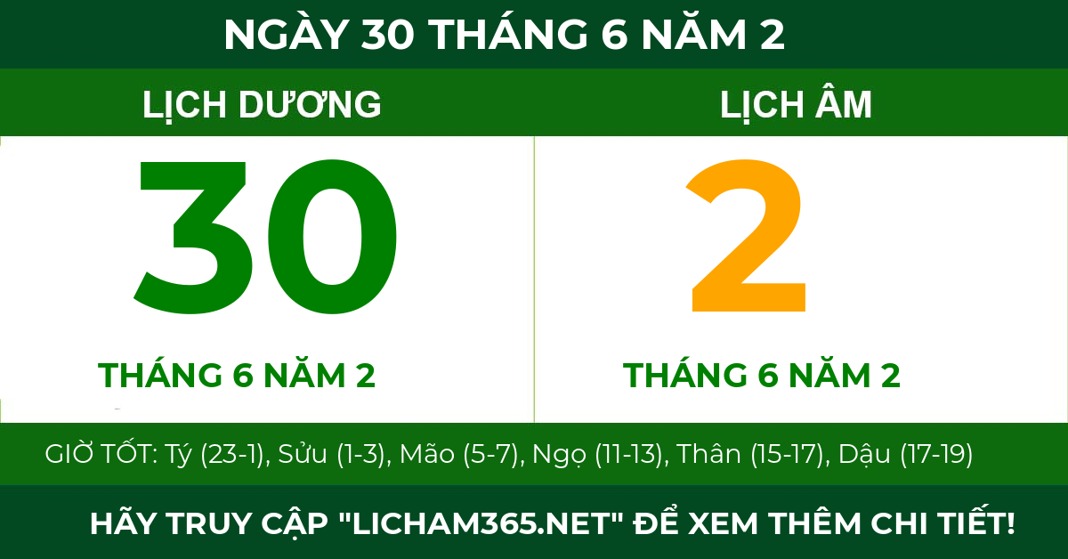 lịch âm ngày 30 tháng 6 năm 2
