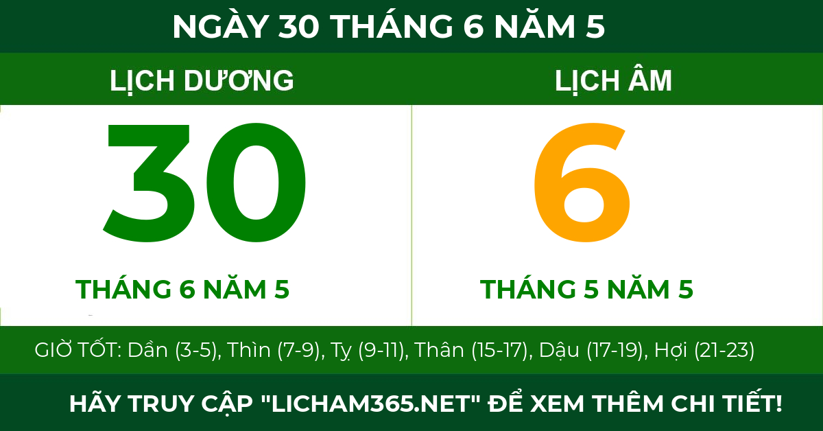 lịch âm ngày 30 tháng 6 năm 5