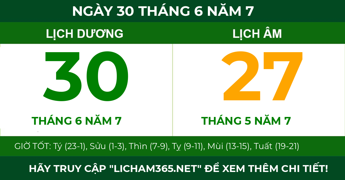 lịch âm ngày 30 tháng 6 năm 7