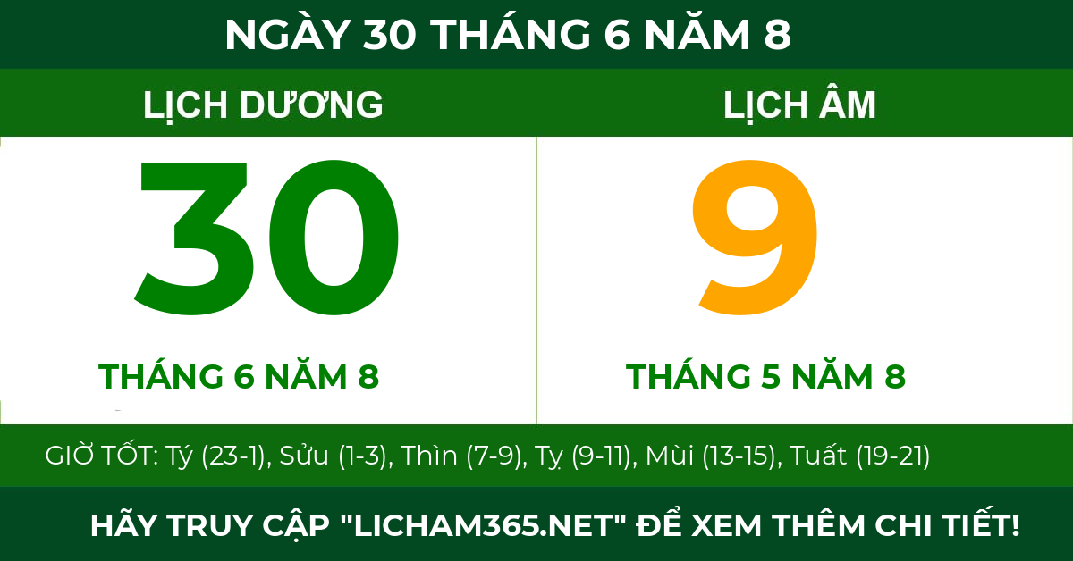 lịch âm ngày 30 tháng 6 năm 8