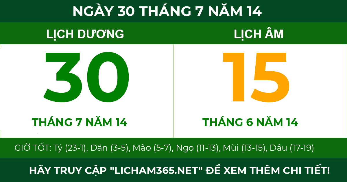 lịch âm ngày 30 tháng 7 năm 14