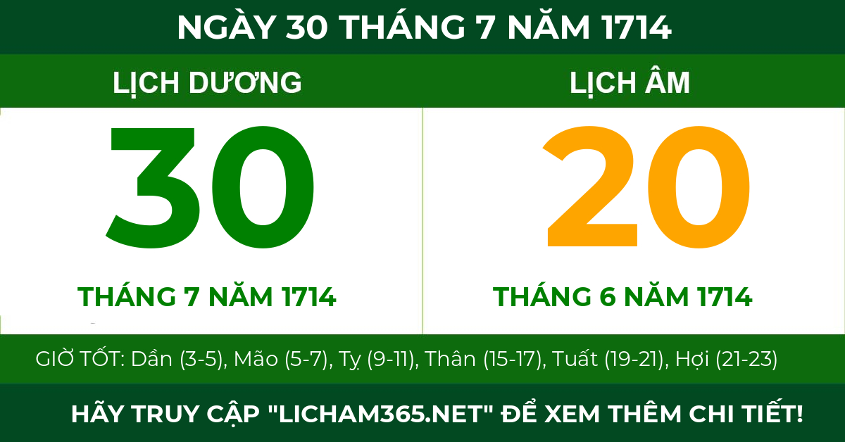 lịch âm ngày 30 tháng 7 năm 1714