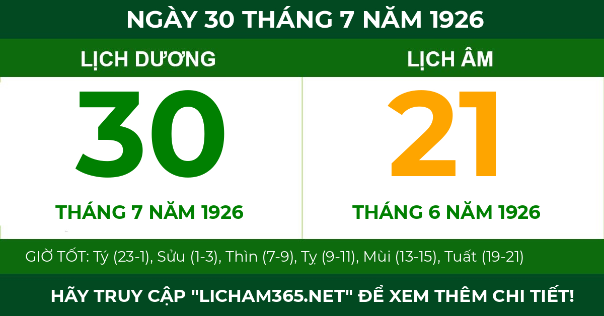 lịch âm ngày 30 tháng 7 năm 1926