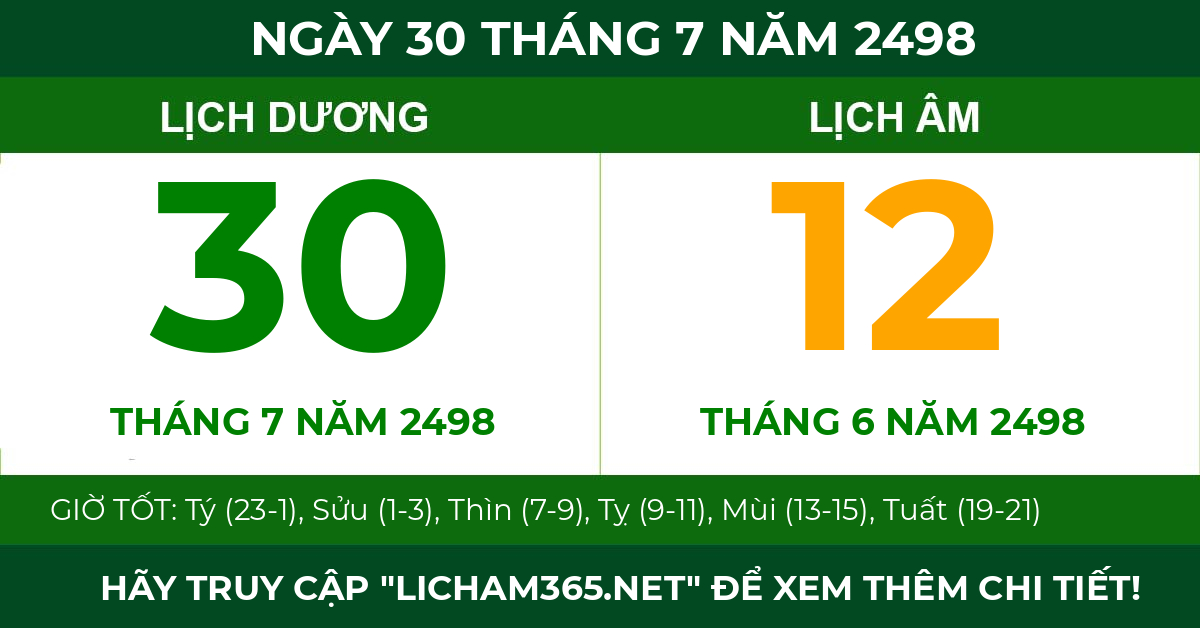 lịch âm ngày 30 tháng 7 năm 2498
