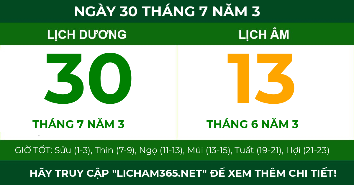 lịch âm ngày 30 tháng 7 năm 3