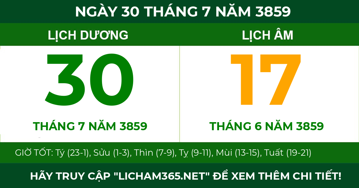 lịch âm ngày 30 tháng 7 năm 3859