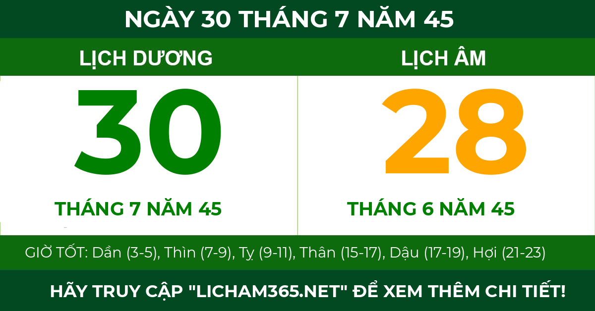 lịch âm ngày 30 tháng 7 năm 45