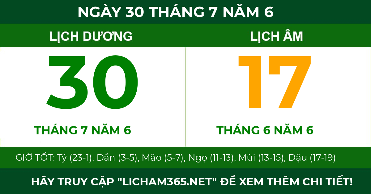 lịch âm ngày 30 tháng 7 năm 6