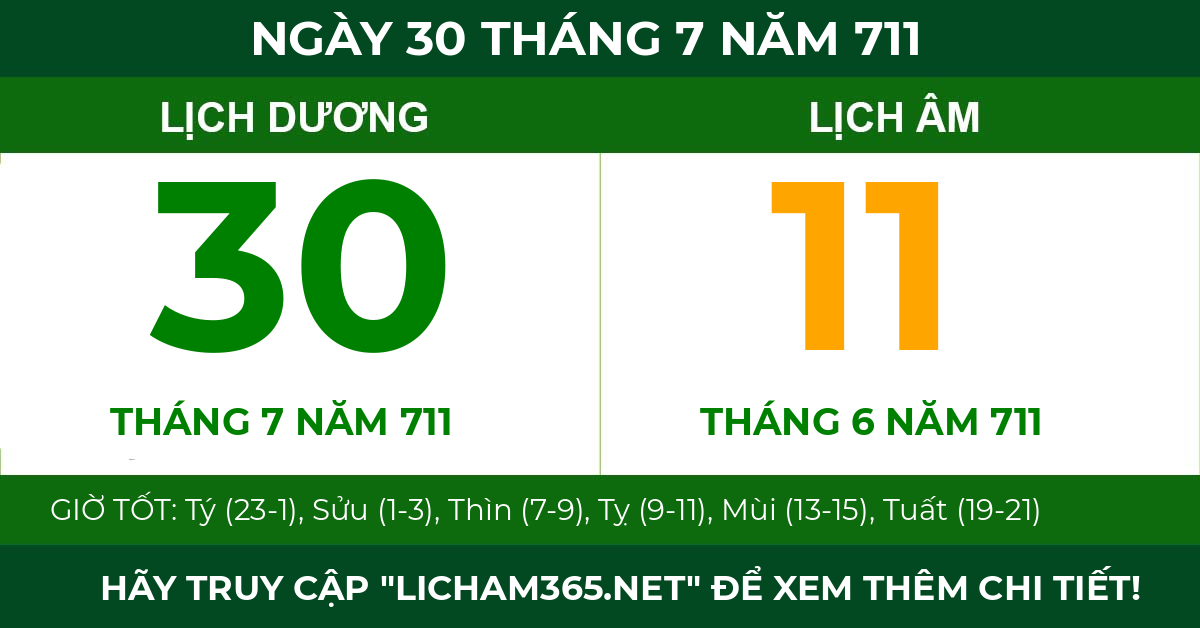 lịch âm ngày 30 tháng 7 năm 711
