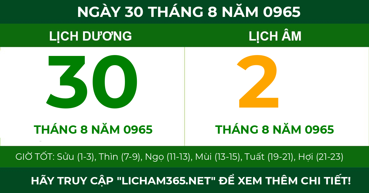 lịch âm ngày 30 tháng 8 năm 0965