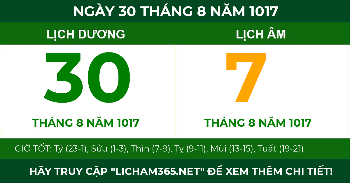 lịch âm ngày 30 tháng 8 năm 1017