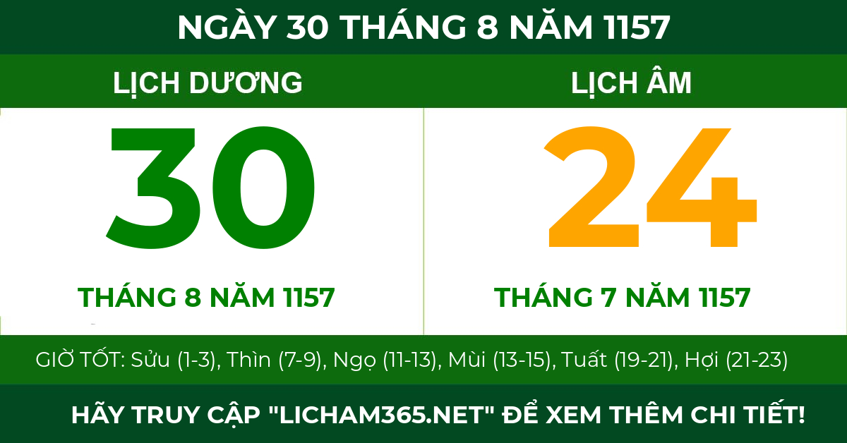 lịch âm ngày 30 tháng 8 năm 1157