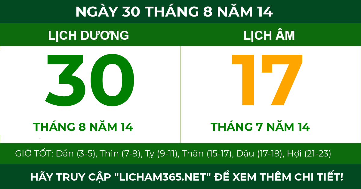 lịch âm ngày 30 tháng 8 năm 14