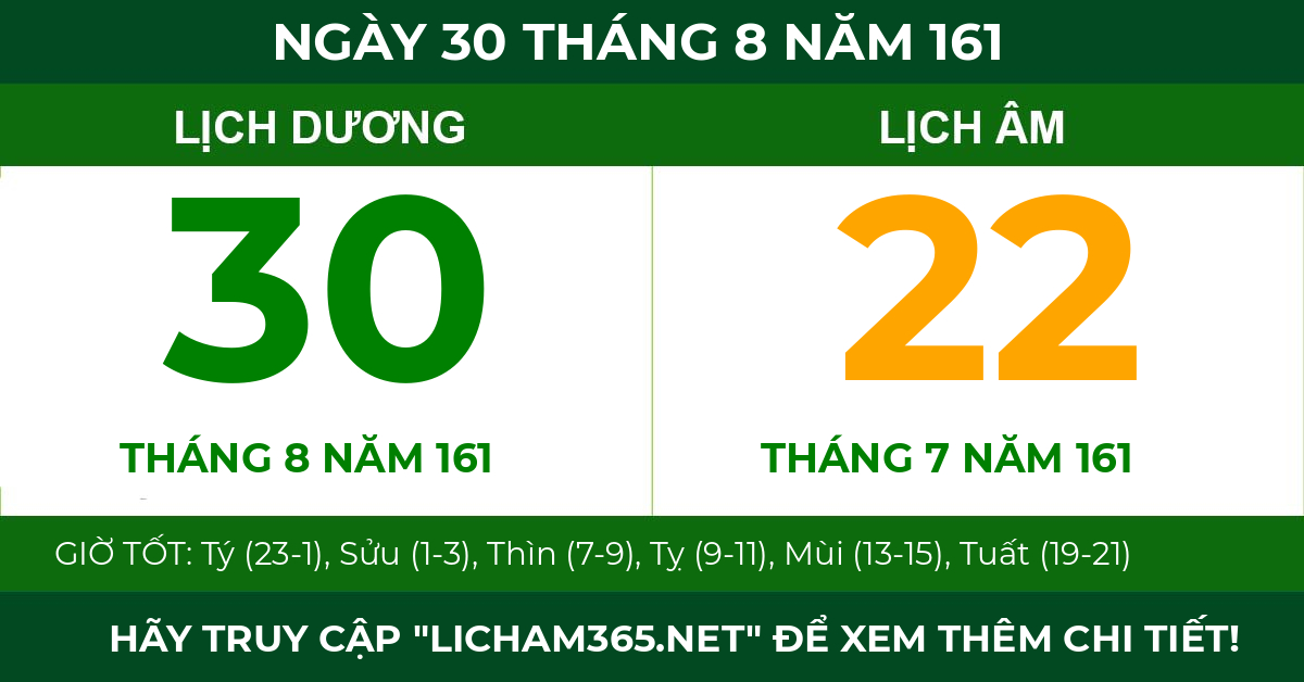 lịch âm ngày 30 tháng 8 năm 161
