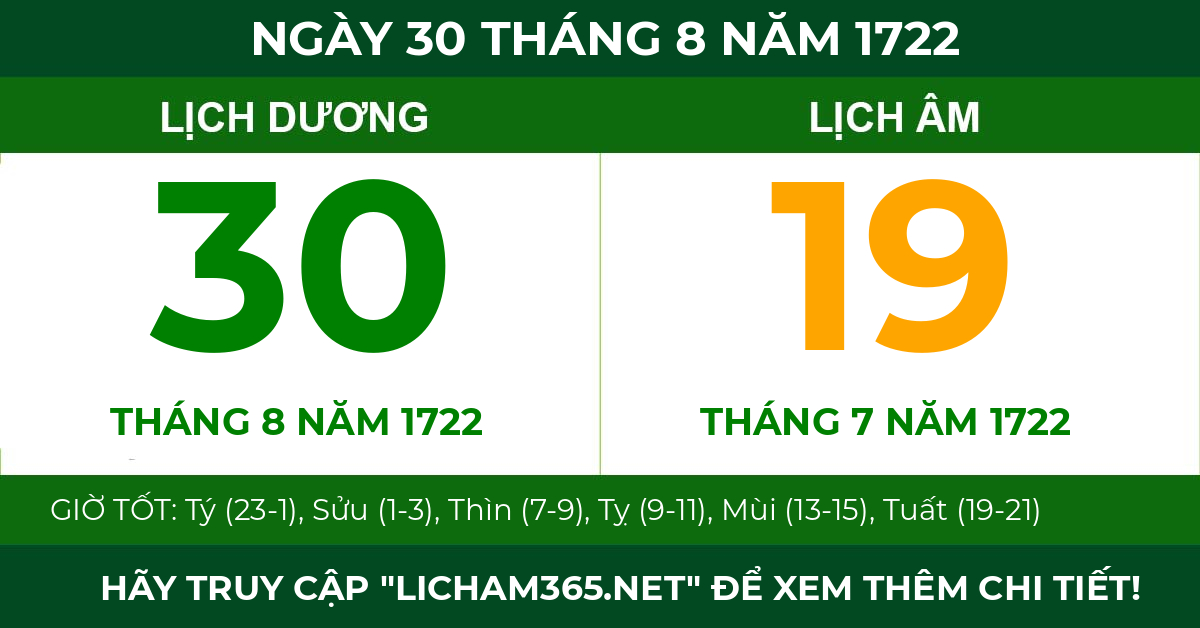 lịch âm ngày 30 tháng 8 năm 1722