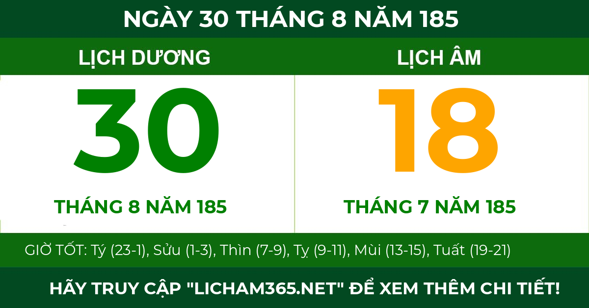 lịch âm ngày 30 tháng 8 năm 185