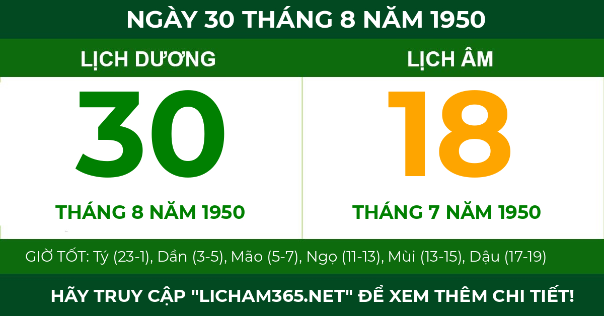 lịch âm ngày 30 tháng 8 năm 1950