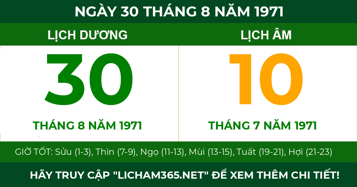 lịch âm ngày 30 tháng 8 năm 1971