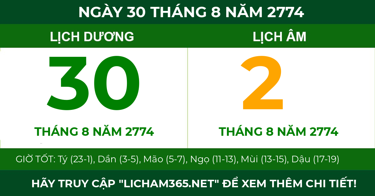 lịch âm ngày 30 tháng 8 năm 2774