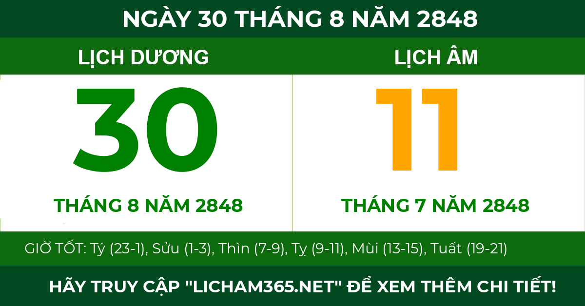 lịch âm ngày 30 tháng 8 năm 2848