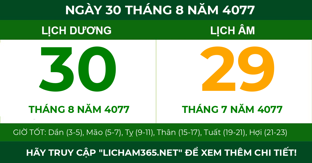 lịch âm ngày 30 tháng 8 năm 4077