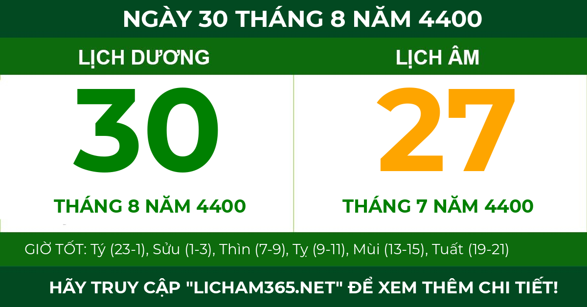 lịch âm ngày 30 tháng 8 năm 4400