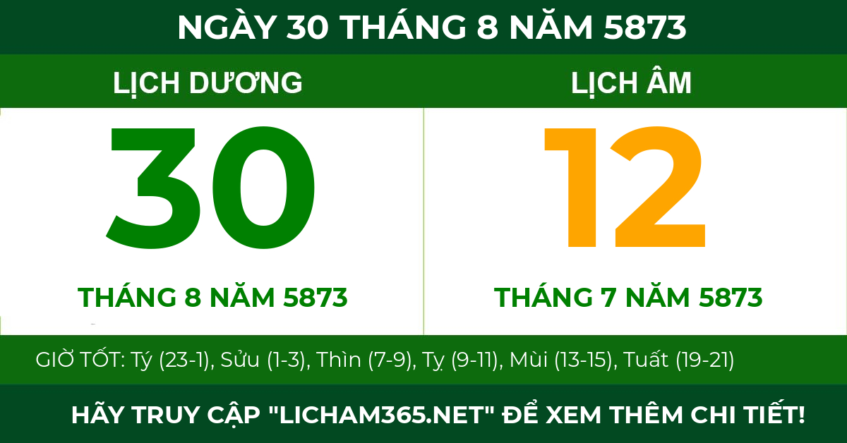 lịch âm ngày 30 tháng 8 năm 5873