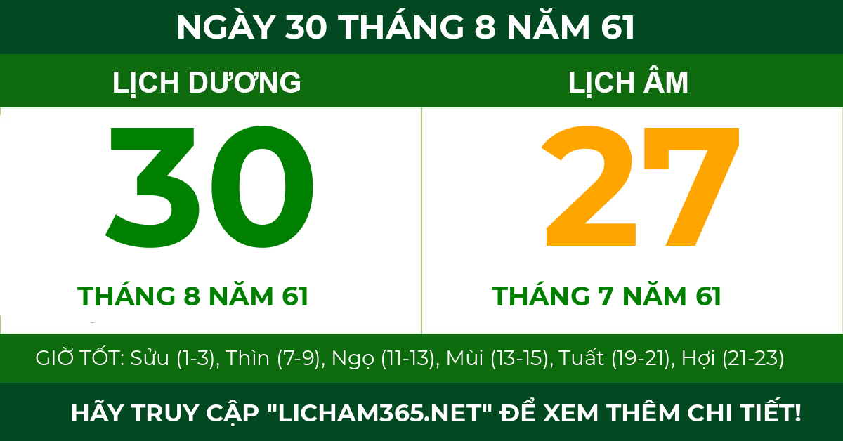 lịch âm ngày 30 tháng 8 năm 61
