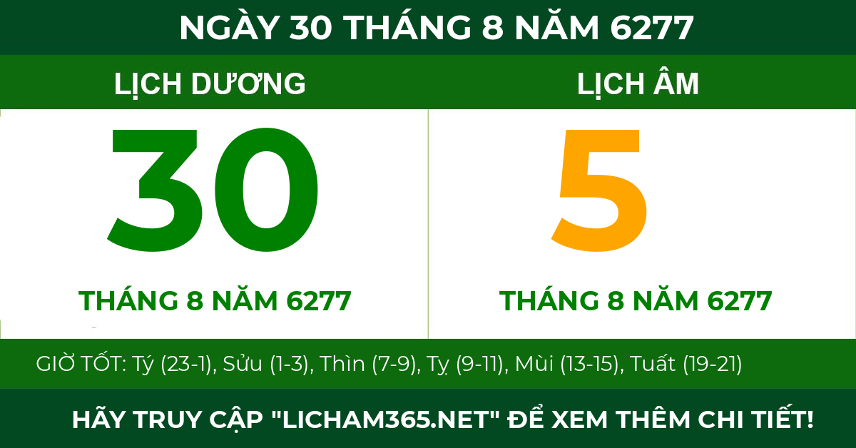 lịch âm ngày 30 tháng 8 năm 6277