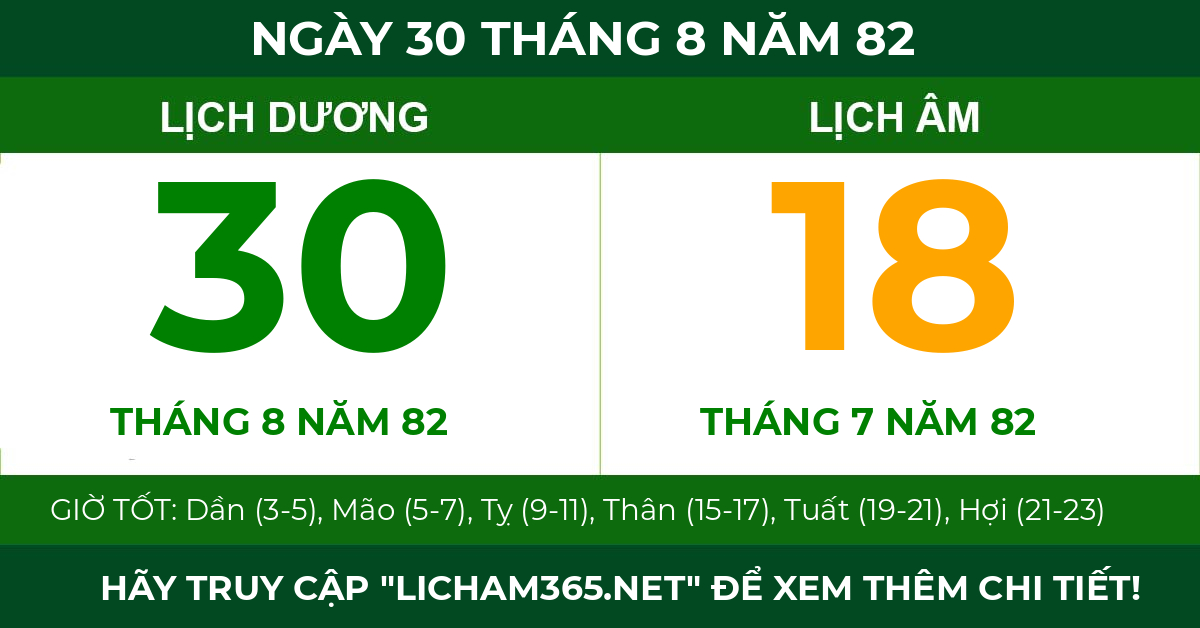 lịch âm ngày 30 tháng 8 năm 82
