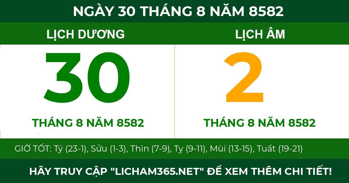 lịch âm ngày 30 tháng 8 năm 8582