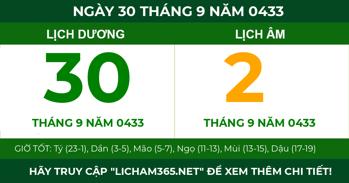 lịch âm ngày 30 tháng 9 năm 0433