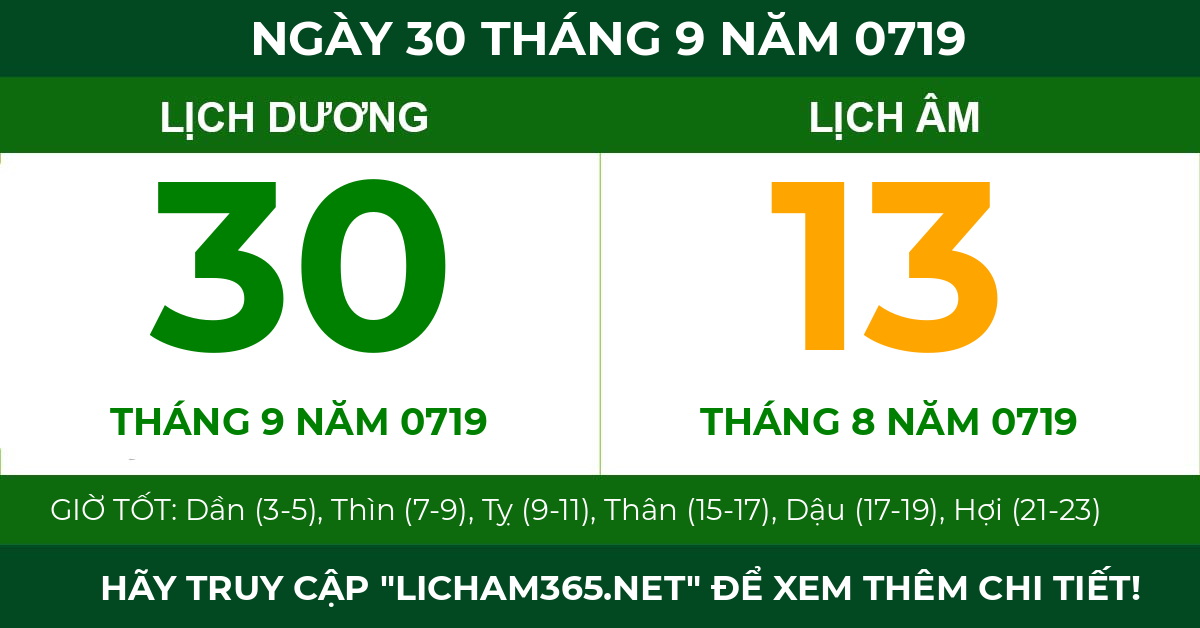 lịch âm ngày 30 tháng 9 năm 0719