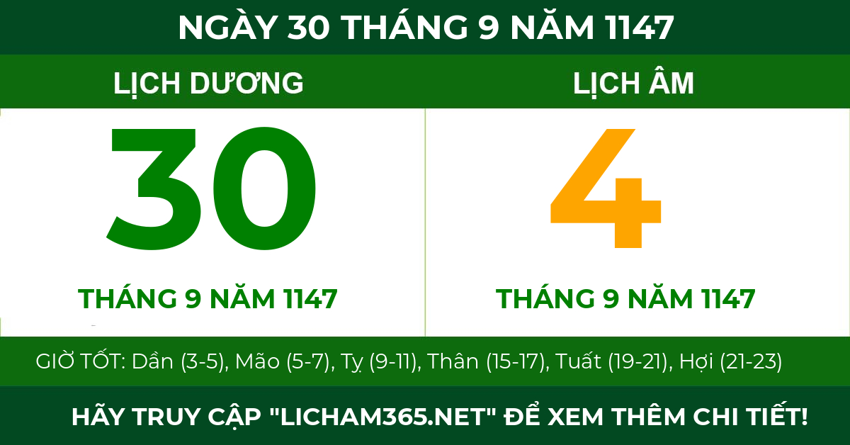 lịch âm ngày 30 tháng 9 năm 1147