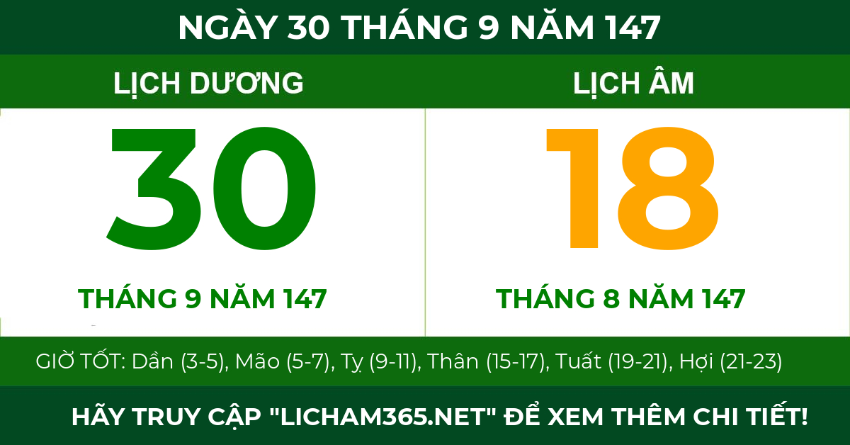 lịch âm ngày 30 tháng 9 năm 147