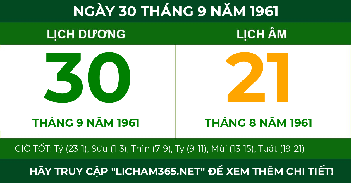 lịch âm ngày 30 tháng 9 năm 1961