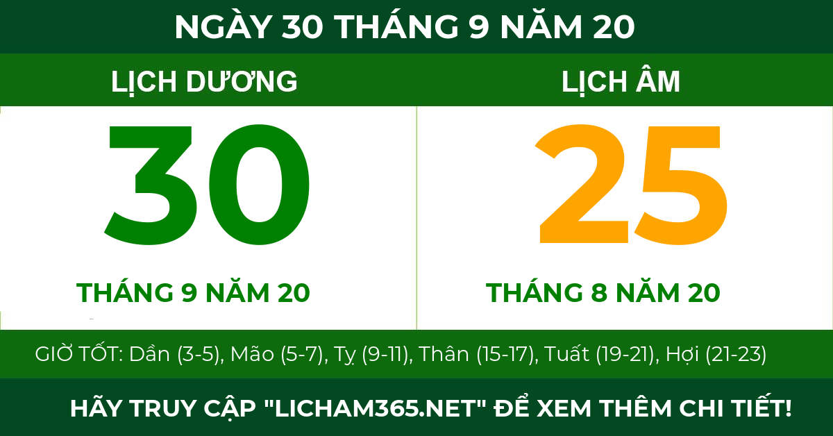 lịch âm ngày 30 tháng 9 năm 20