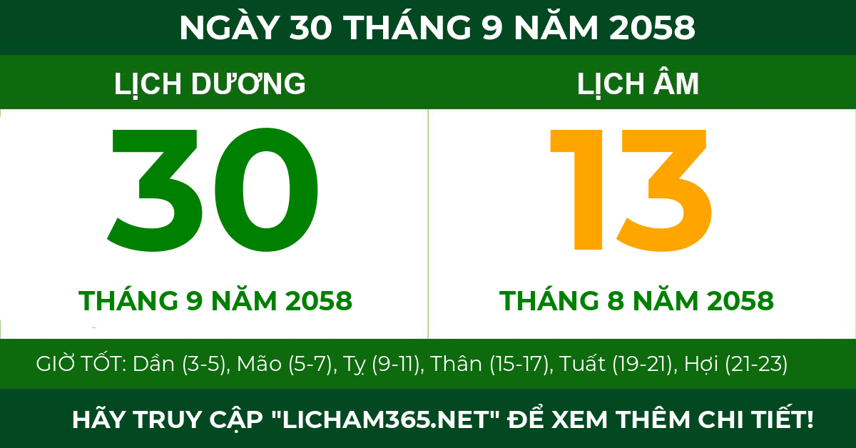 lịch âm ngày 30 tháng 9 năm 2058