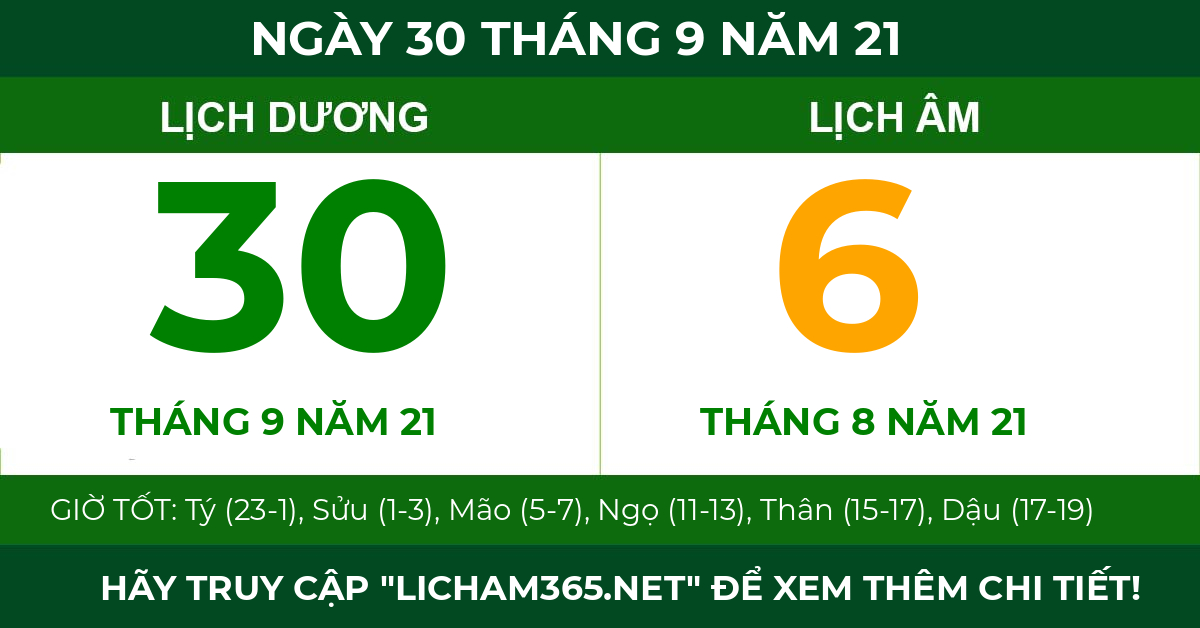 lịch âm ngày 30 tháng 9 năm 21