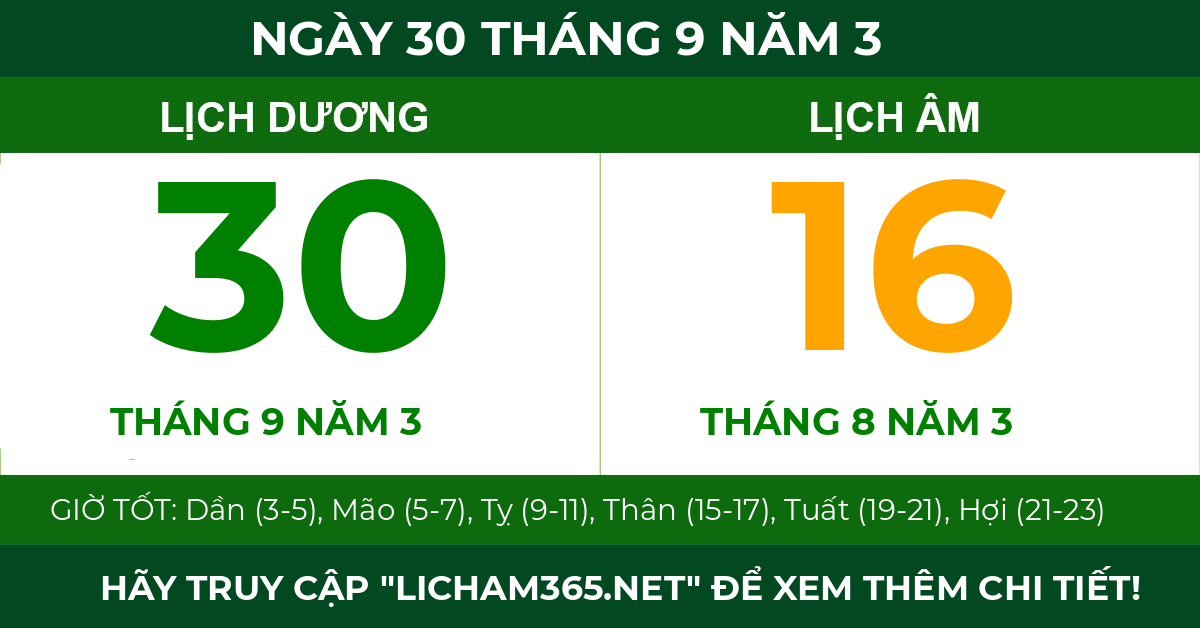 lịch âm ngày 30 tháng 9 năm 3