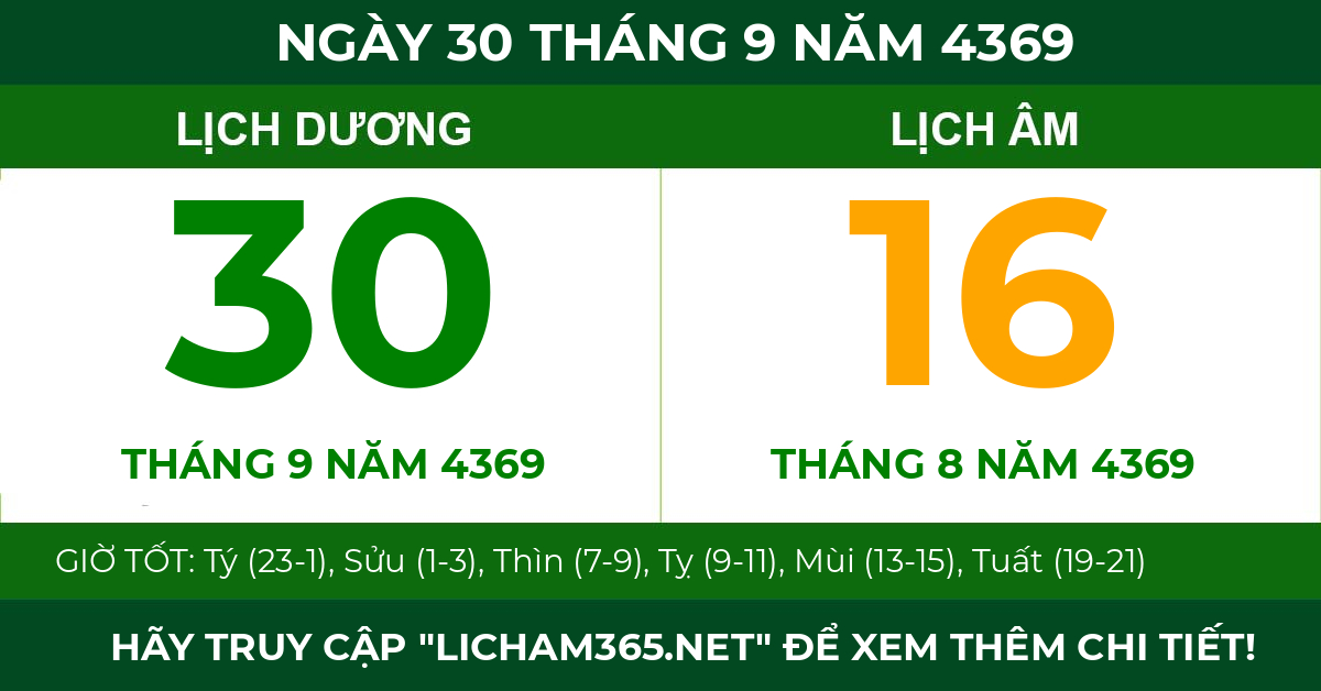 lịch âm ngày 30 tháng 9 năm 4369