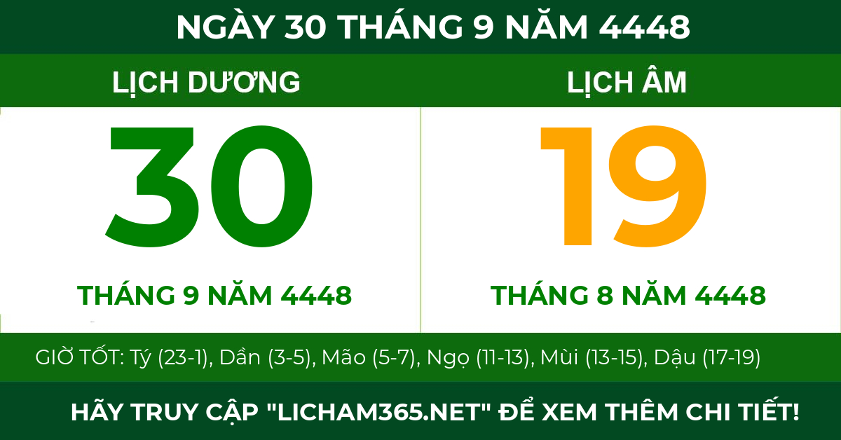 lịch âm ngày 30 tháng 9 năm 4448