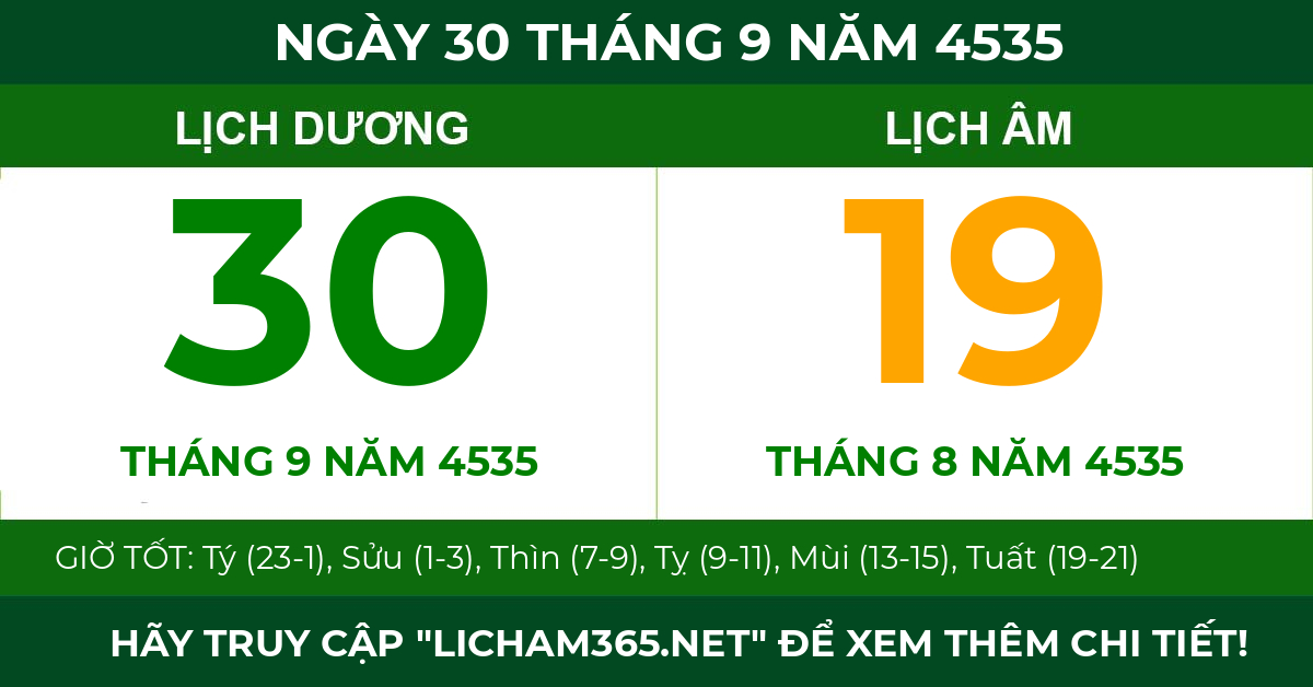 lịch âm ngày 30 tháng 9 năm 4535