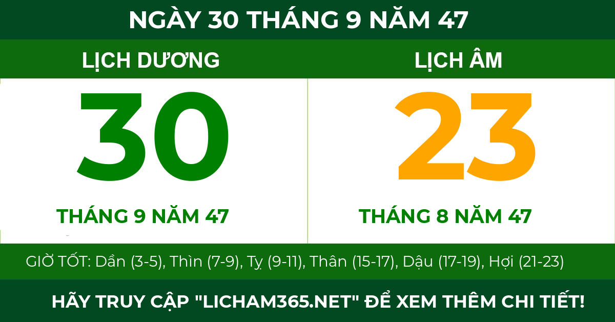 lịch âm ngày 30 tháng 9 năm 47